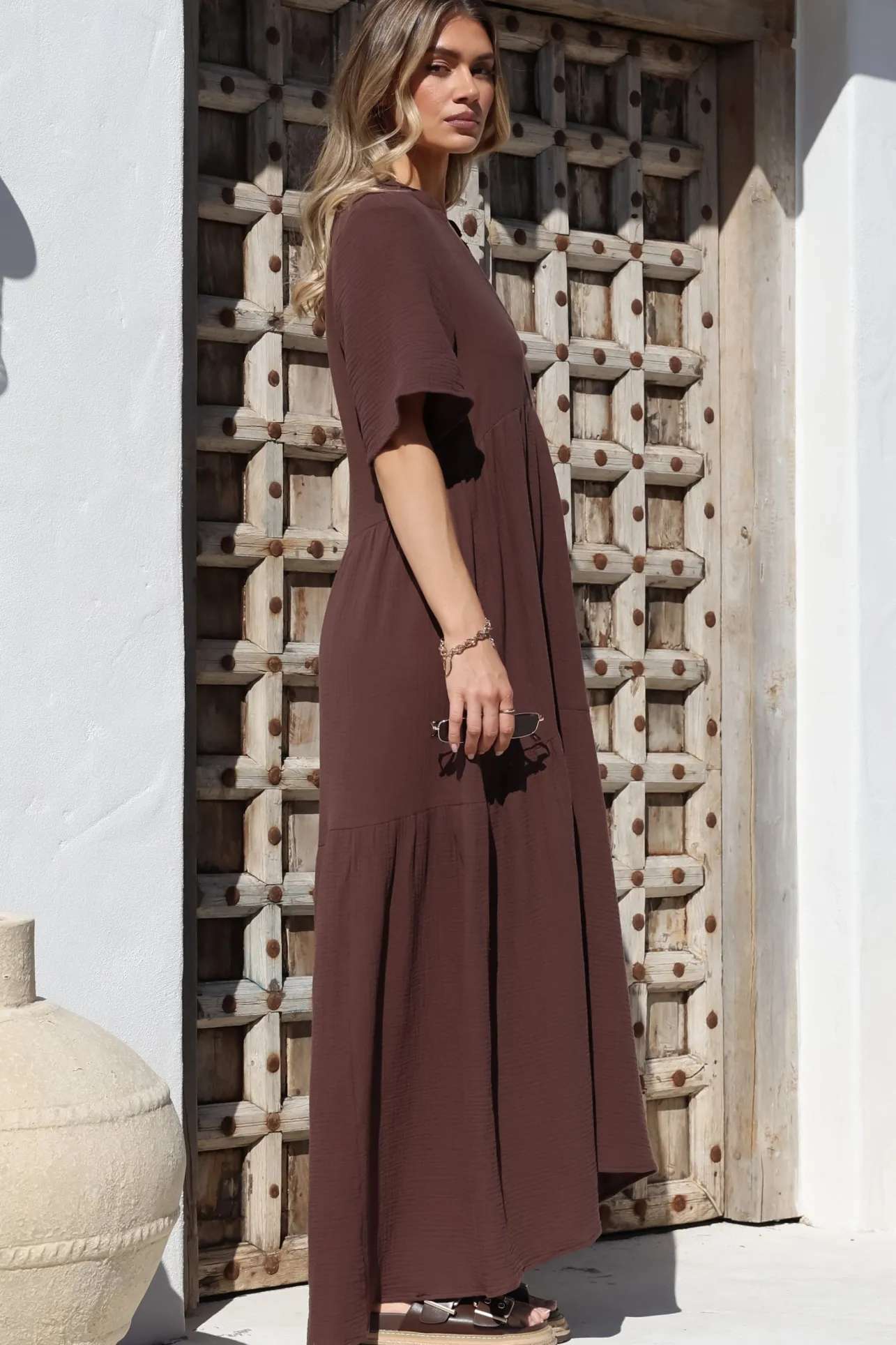 Laysa Maxi Dress - Mandarin Collar Buttoned Bodice Short Sleeve Dress in Chocolate>Salty Crush Hot