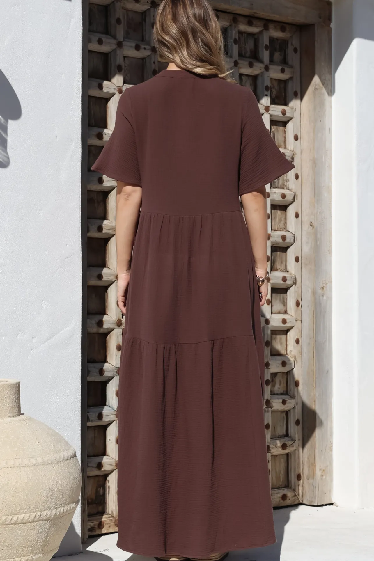 Laysa Maxi Dress - Mandarin Collar Buttoned Bodice Short Sleeve Dress in Chocolate>Salty Crush Hot