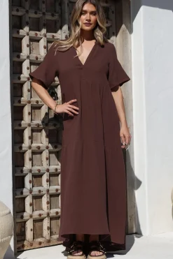 Laysa Maxi Dress - Mandarin Collar Buttoned Bodice Short Sleeve Dress in Chocolate><noscript><img width=