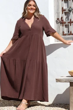 Laysa Maxi Dress - Mandarin Collar Buttoned Bodice Short Sleeve Dress in Chocolate><noscript><img width=