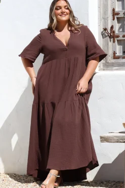 Laysa Maxi Dress - Mandarin Collar Buttoned Bodice Short Sleeve Dress in Chocolate><noscript><img width=