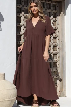 Laysa Maxi Dress - Mandarin Collar Buttoned Bodice Short Sleeve Dress in Chocolate><noscript><img width=