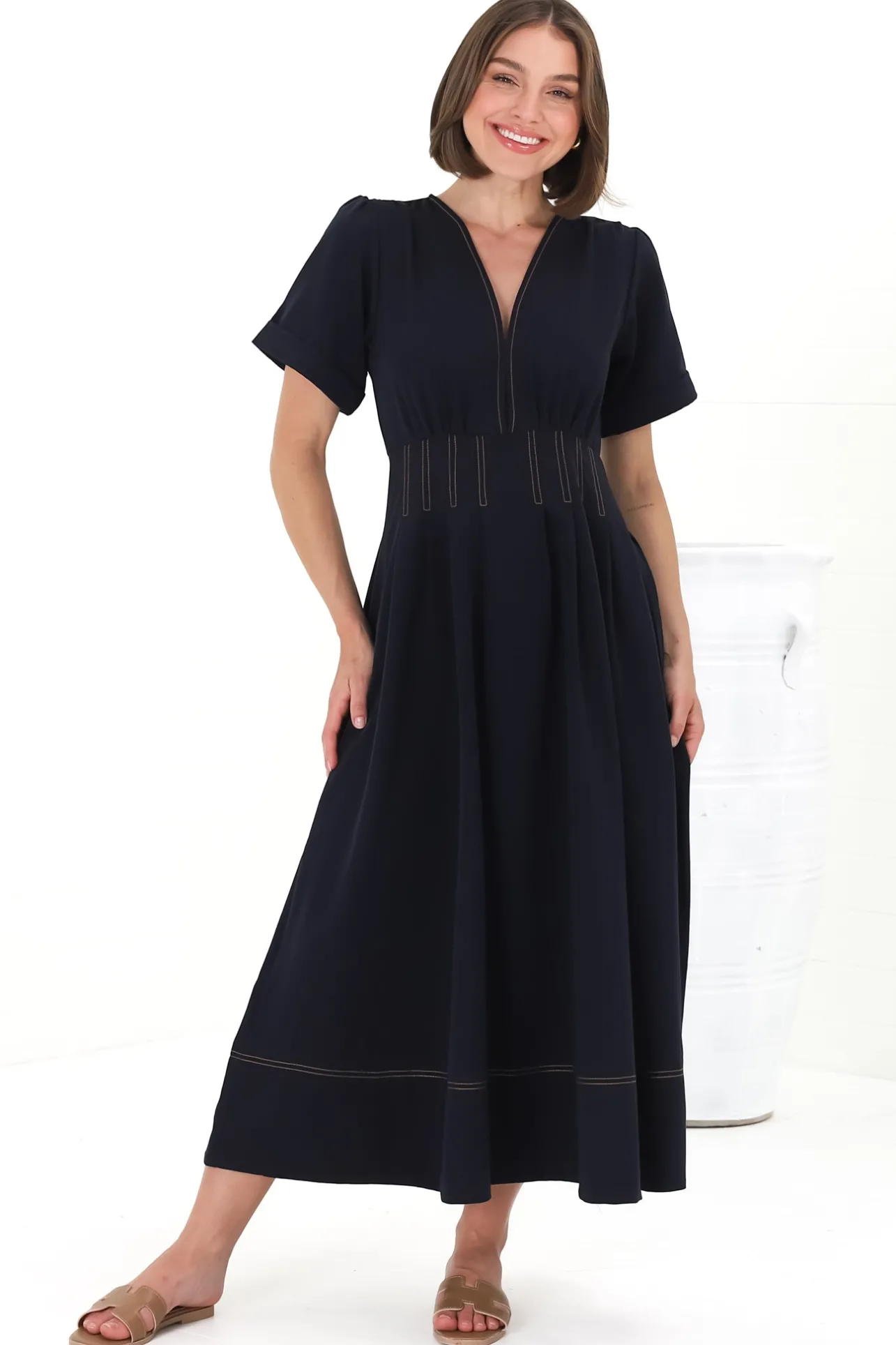 Lazelle Midi Dress - V-Neck Short Sleeve A-Line Dress with Elasticated Waist in Navy>Salty Crush Clearance