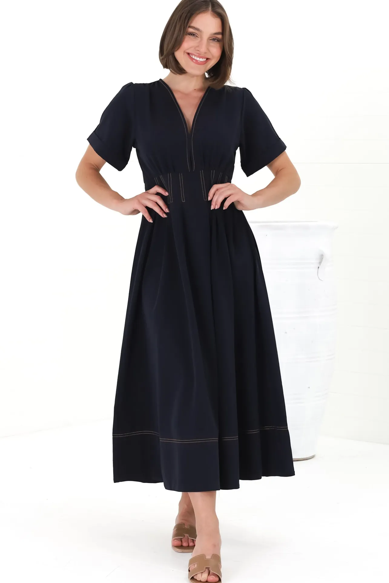 Lazelle Midi Dress - V-Neck Short Sleeve A-Line Dress with Elasticated Waist in Navy>Salty Crush Clearance