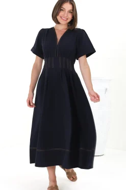 Lazelle Midi Dress - V-Neck Short Sleeve A-Line Dress with Elasticated Waist in Navy><noscript><img width=