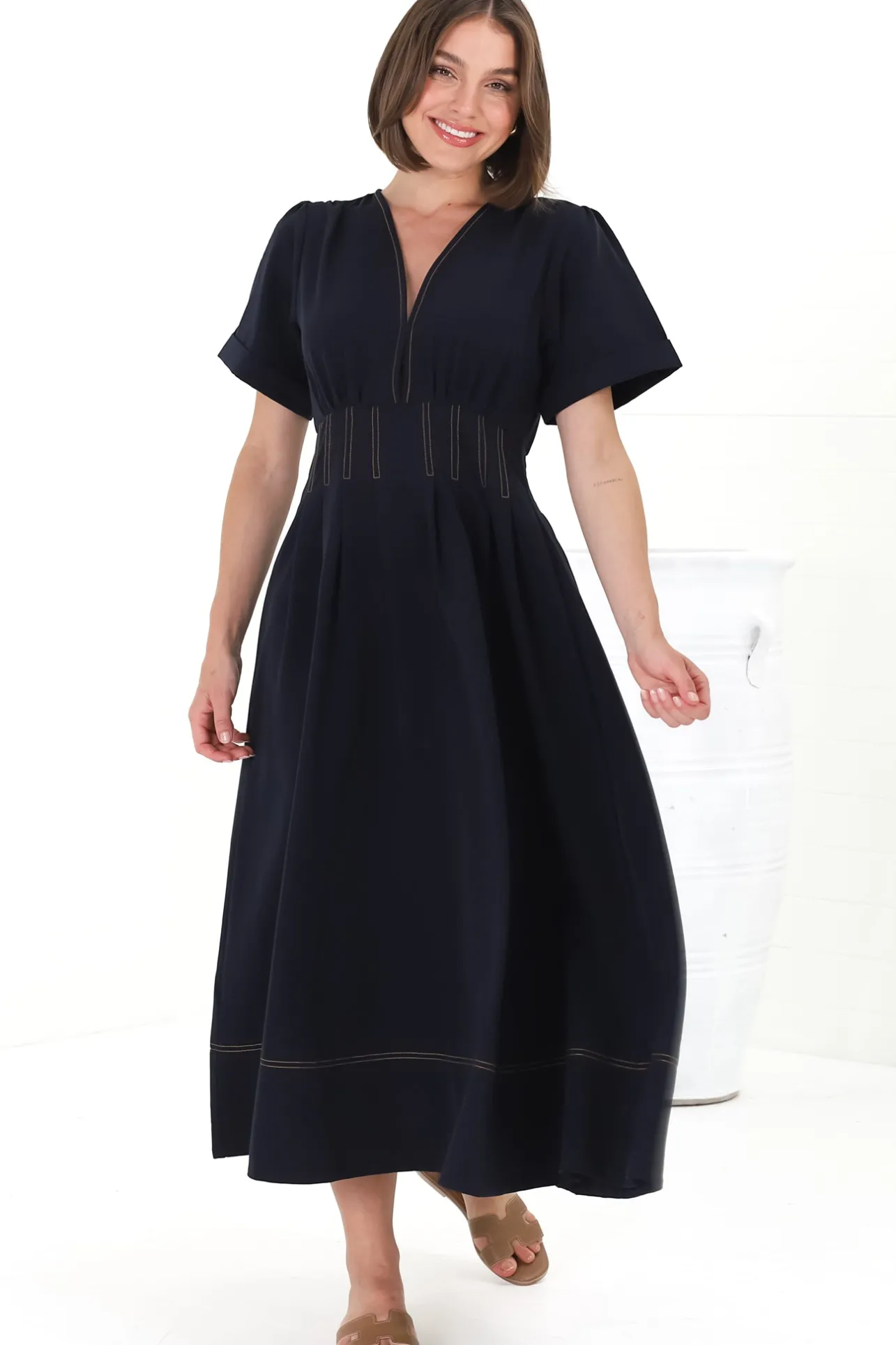 Lazelle Midi Dress - V-Neck Short Sleeve A-Line Dress with Elasticated Waist in Navy>Salty Crush Clearance
