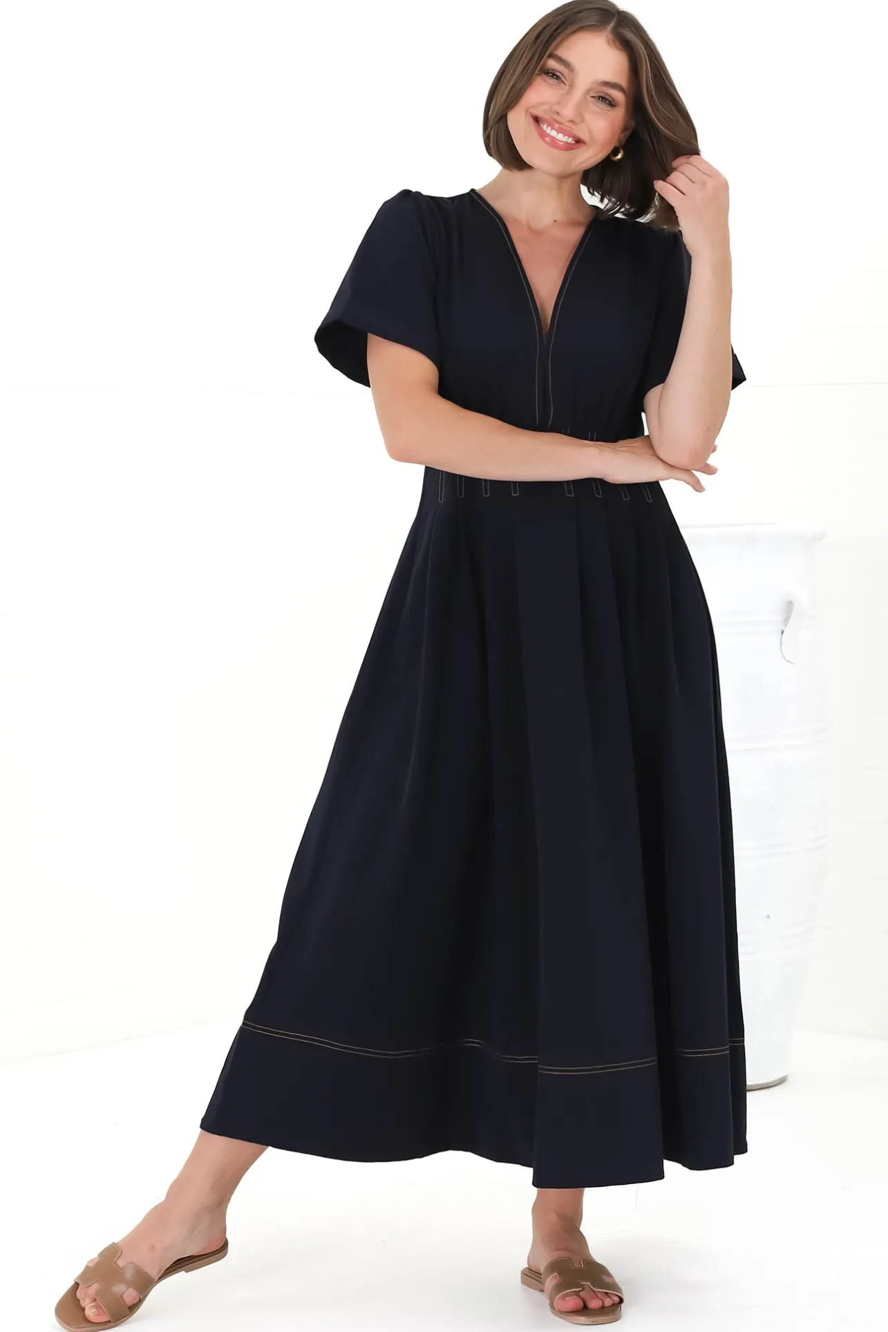Lazelle Midi Dress - V-Neck Short Sleeve A-Line Dress with Elasticated Waist in Navy>Salty Crush Clearance