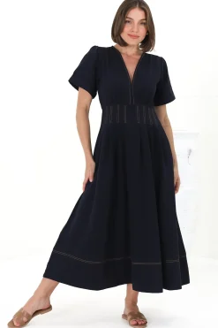 Lazelle Midi Dress - V-Neck Short Sleeve A-Line Dress with Elasticated Waist in Navy><noscript><img width=