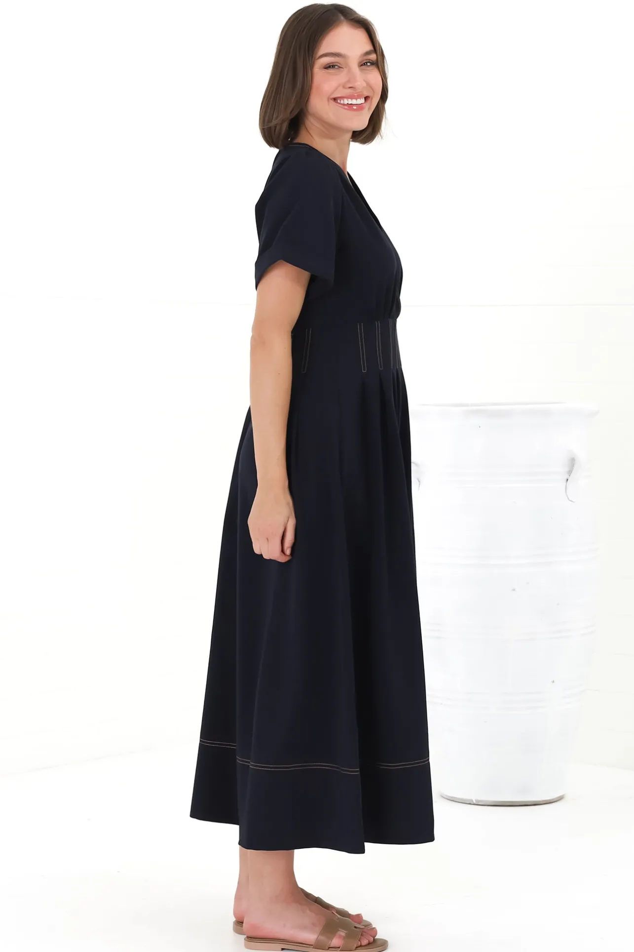 Lazelle Midi Dress - V-Neck Short Sleeve A-Line Dress with Elasticated Waist in Navy>Salty Crush Clearance