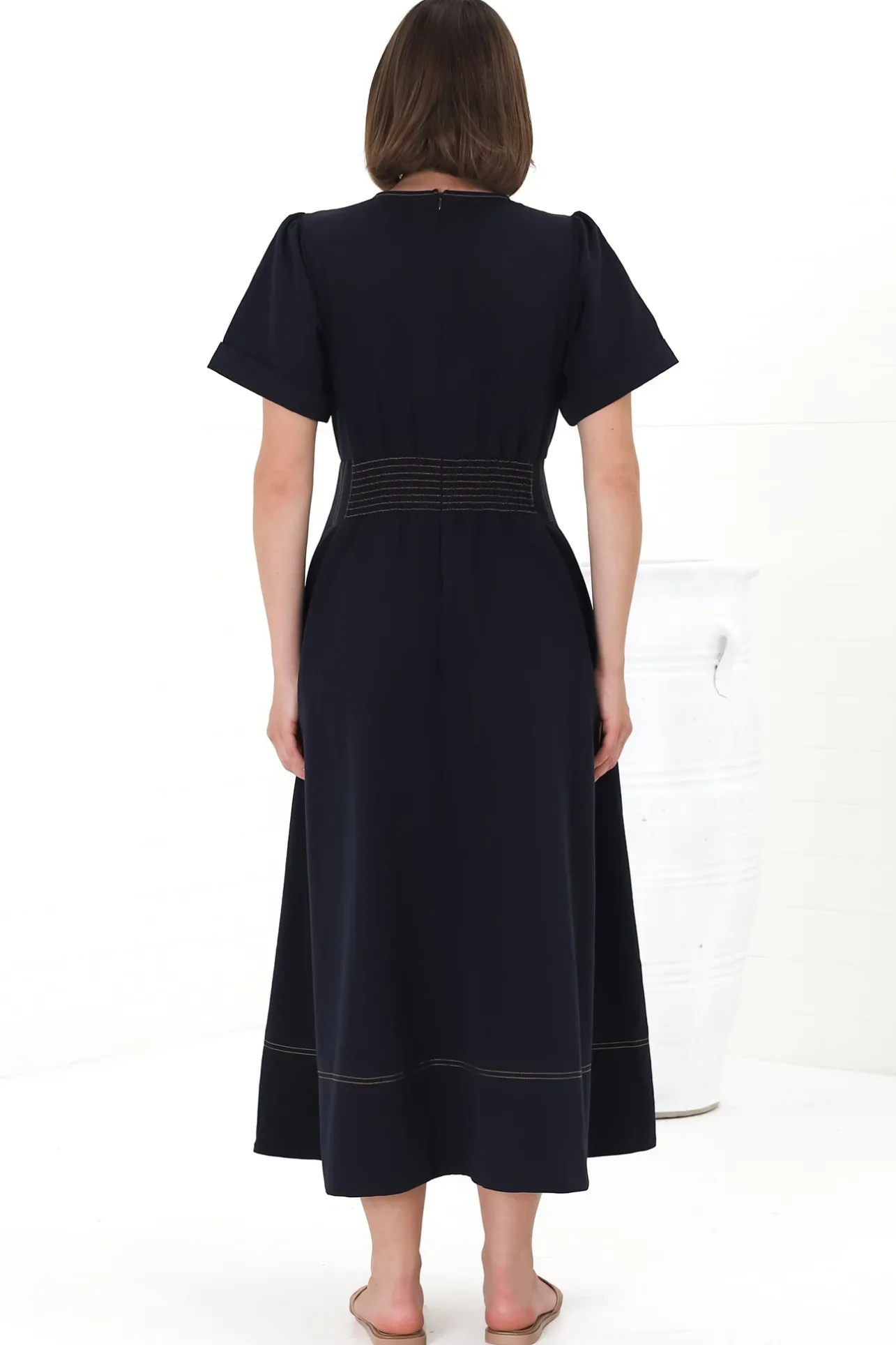 Lazelle Midi Dress - V-Neck Short Sleeve A-Line Dress with Elasticated Waist in Navy>Salty Crush Clearance