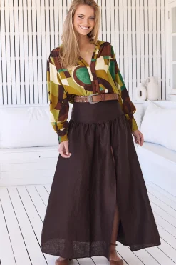 Lea Maxi Skirt - High Waisted Linen Skirt with Split in Chocolate>Jaase Outlet