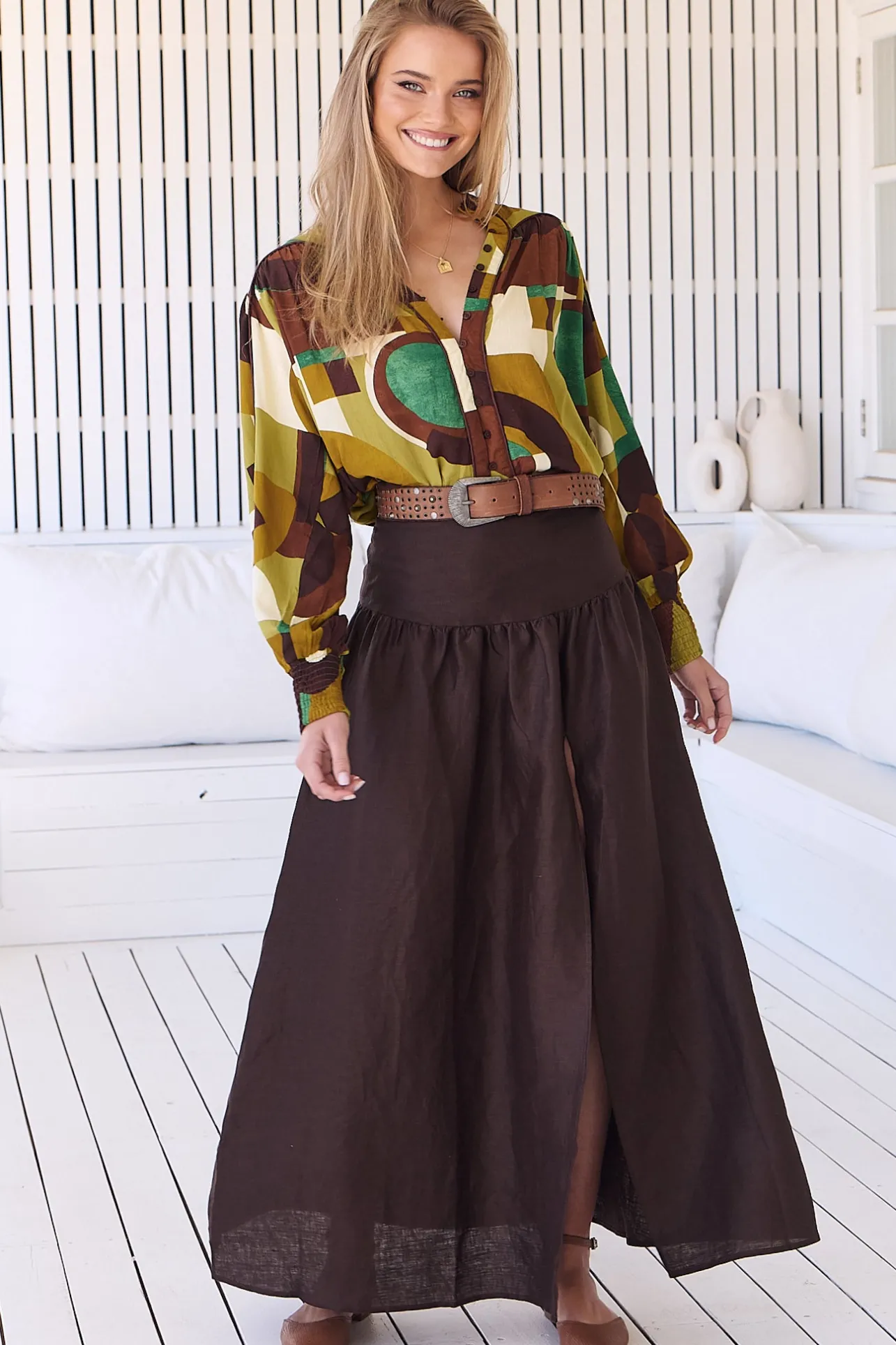 Lea Maxi Skirt - High Waisted Linen Skirt with Split in Chocolate>Jaase Outlet