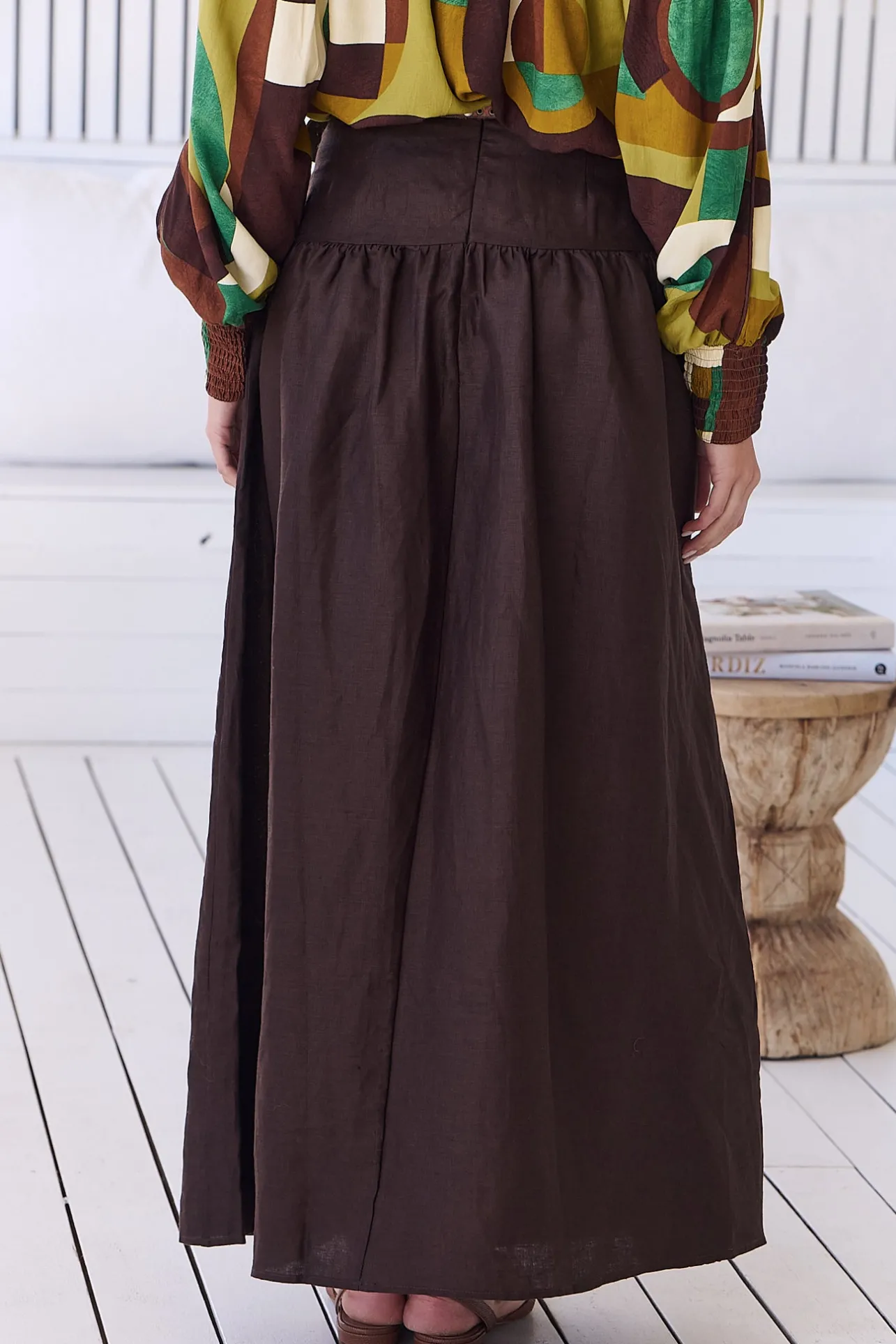 Lea Maxi Skirt - High Waisted Linen Skirt with Split in Chocolate>Jaase Outlet
