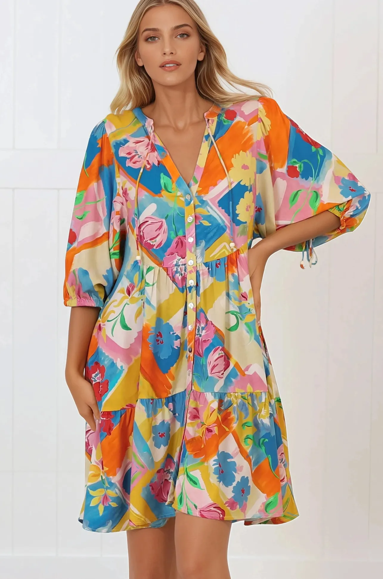 Lea Mini Dress - 3/4 Sleeve Babydolll Dress in Seraphina Print>Salty Crush