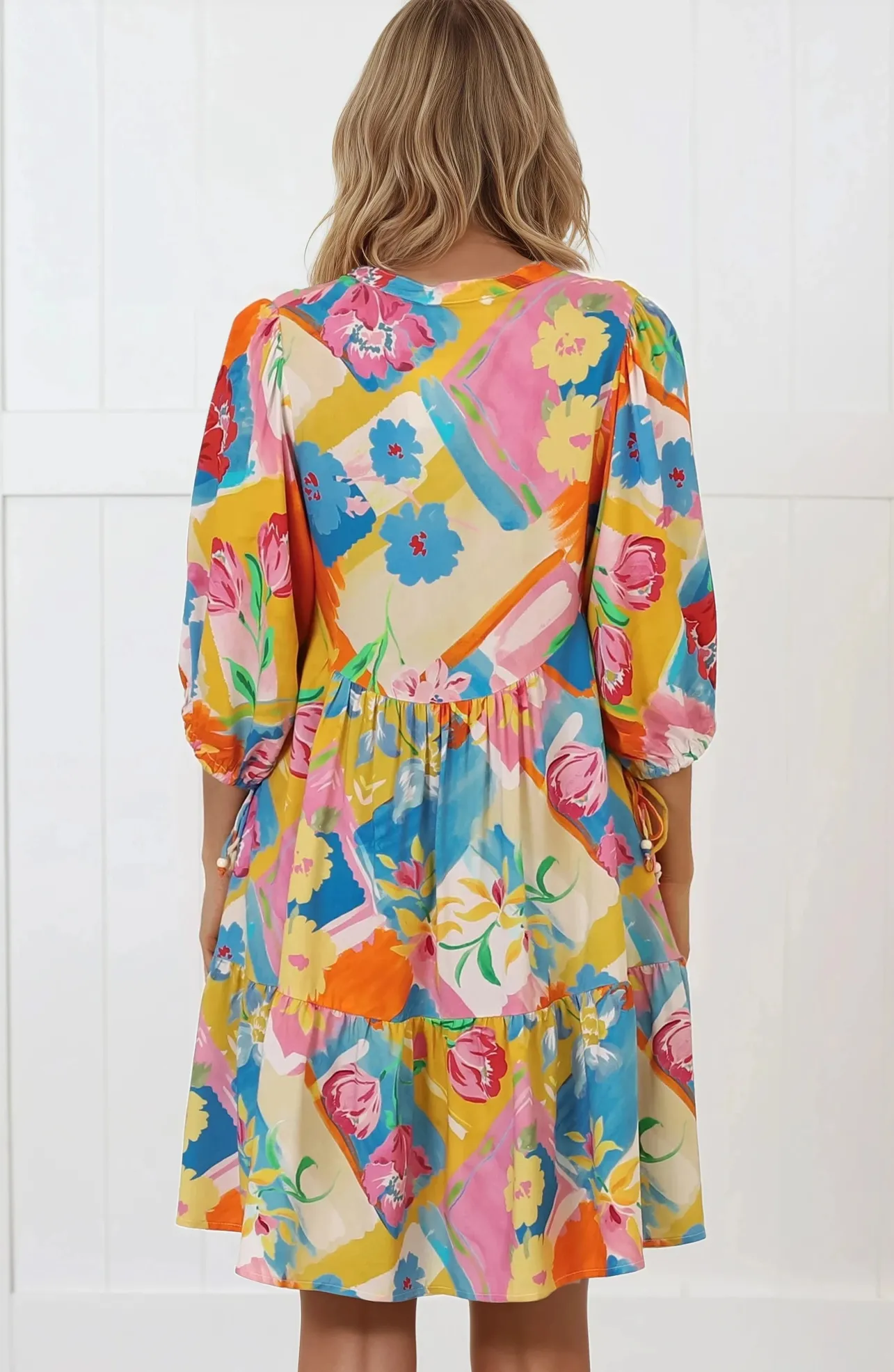 Lea Mini Dress - 3/4 Sleeve Babydolll Dress in Seraphina Print>Salty Crush