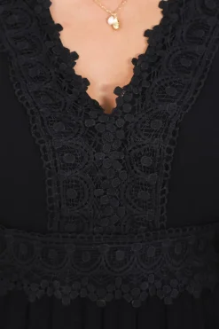 Leelie Mini Dress - Lace Embellished Tiered Dress with Bell Sleeves in Black><noscript><img width=