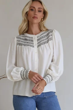 Leif Blouse - Mandarin Collar Button Down Blouse with Contrast Embroidering in Black>Salty Crush New