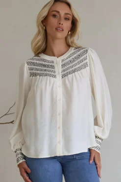 Leif Blouse - Mandarin Collar Button Down Blouse with Contrast Embroidering in Black><noscript><img width=