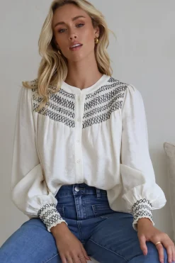 Leif Blouse - Mandarin Collar Button Down Blouse with Contrast Embroidering in Black><noscript><img width=