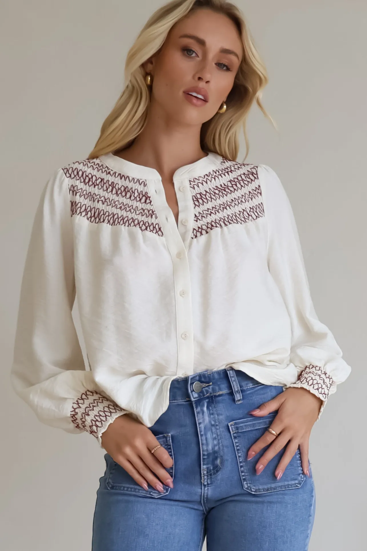 Leif Blouse - Mandarin Collar Button Down Blouse with Contrast Embroidering in Red>Salty Crush Best