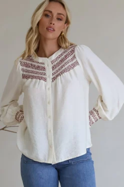Leif Blouse - Mandarin Collar Button Down Blouse with Contrast Embroidering in Red><noscript><img width=