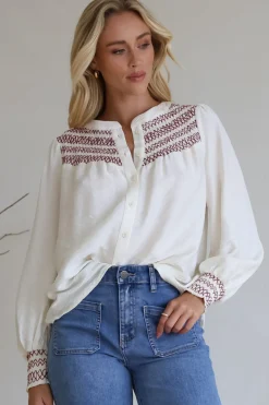 Leif Blouse - Mandarin Collar Button Down Blouse with Contrast Embroidering in Red><noscript><img width=