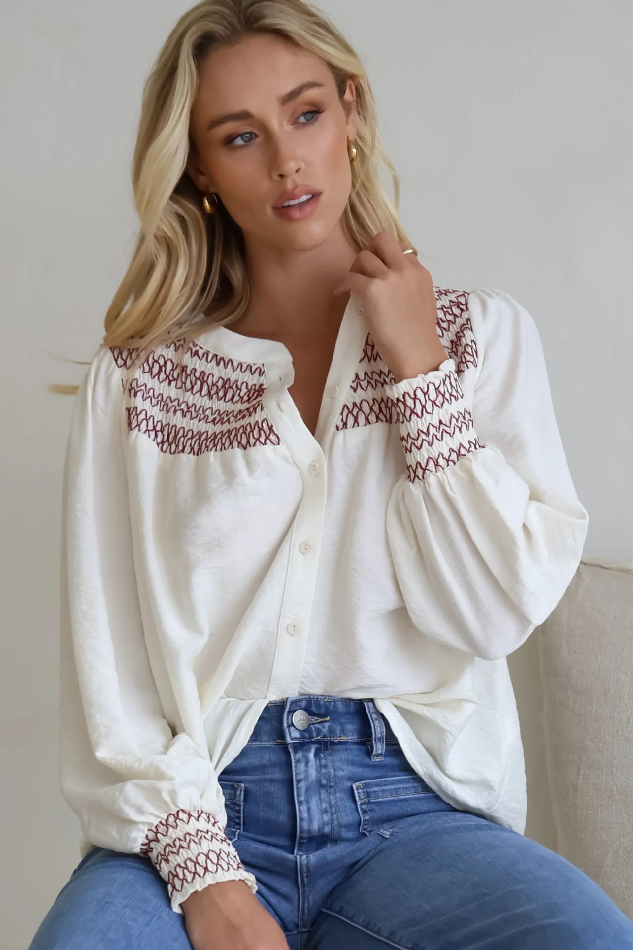 Leif Blouse - Mandarin Collar Button Down Blouse with Contrast Embroidering in Red>Salty Crush Best