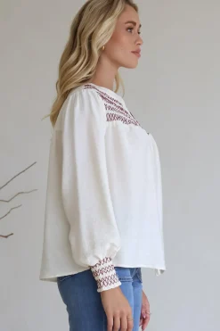 Leif Blouse - Mandarin Collar Button Down Blouse with Contrast Embroidering in Red><noscript><img width=