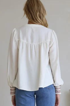 Leif Blouse - Mandarin Collar Button Down Blouse with Contrast Embroidering in Red><noscript><img width=