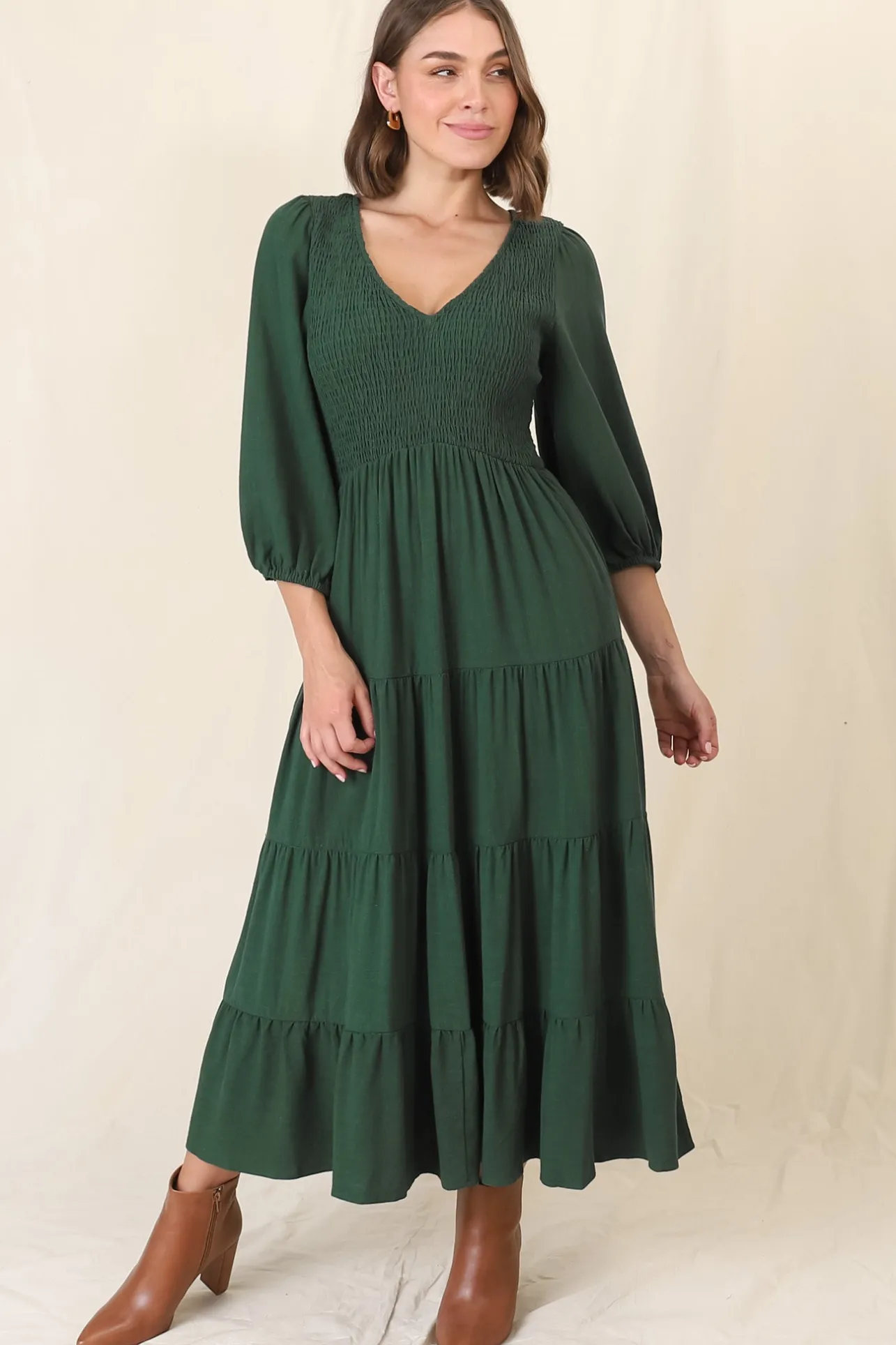 Lellah Midi Dress - Shirred Bodice Soft V Neck Tiered Dress in Green>Salty Crush New