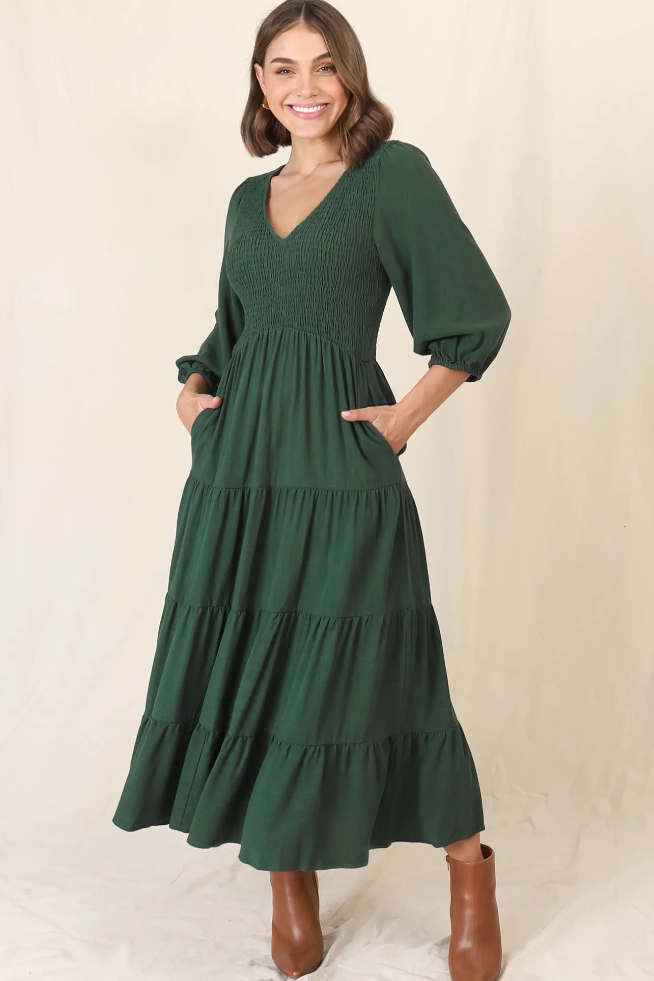 Lellah Midi Dress - Shirred Bodice Soft V Neck Tiered Dress in Green>Salty Crush New