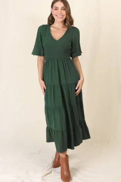 Lellah Midi Dress - Shirred Bodice Soft V Neck Tiered Dress in Green><noscript><img width=