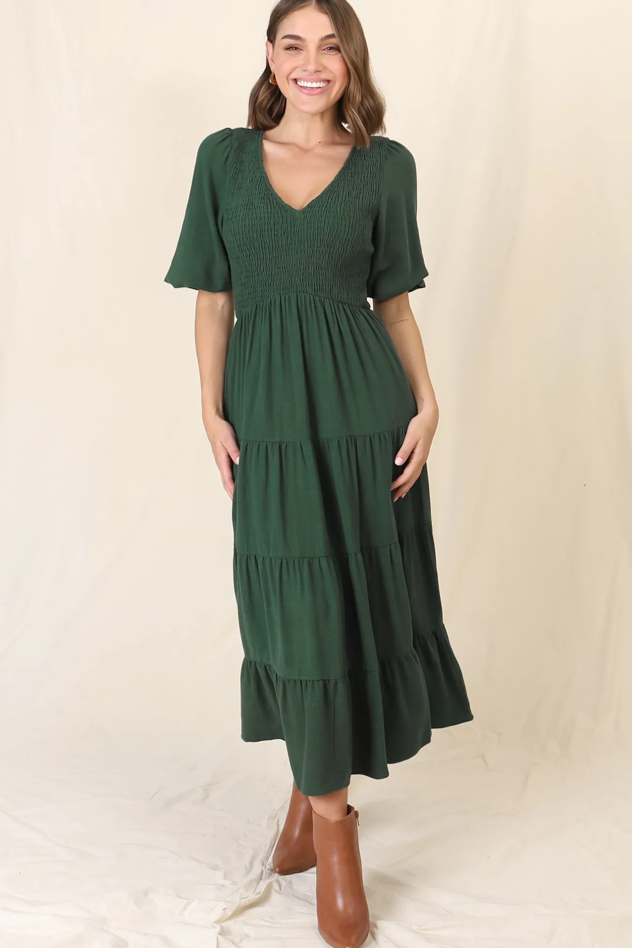 Lellah Midi Dress - Shirred Bodice Soft V Neck Tiered Dress in Green>Salty Crush New