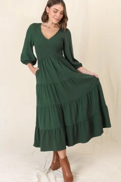 Lellah Midi Dress - Shirred Bodice Soft V Neck Tiered Dress in Green><noscript><img width=