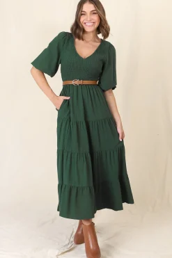 Lellah Midi Dress - Shirred Bodice Soft V Neck Tiered Dress in Green><noscript><img width=