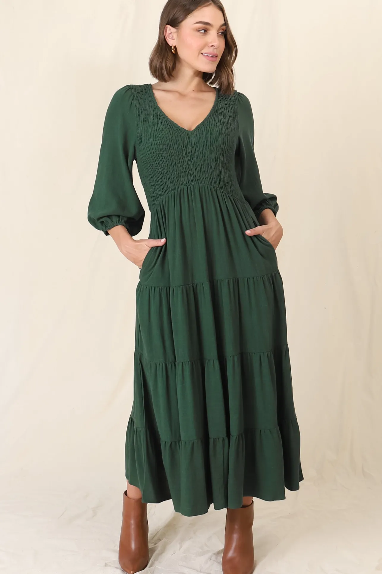 Lellah Midi Dress - Shirred Bodice Soft V Neck Tiered Dress in Green>Salty Crush New