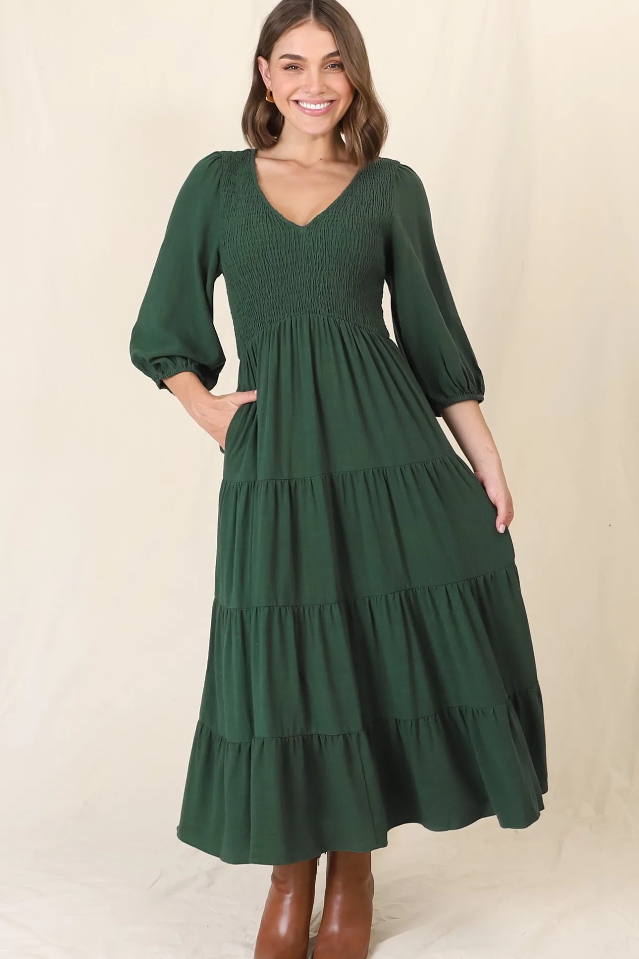 Lellah Midi Dress - Shirred Bodice Soft V Neck Tiered Dress in Green>Salty Crush New