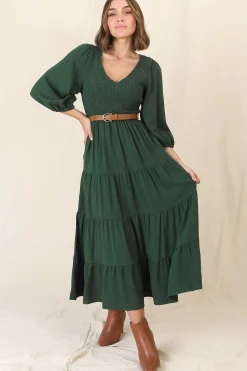 Lellah Midi Dress - Shirred Bodice Soft V Neck Tiered Dress in Green><noscript><img width=