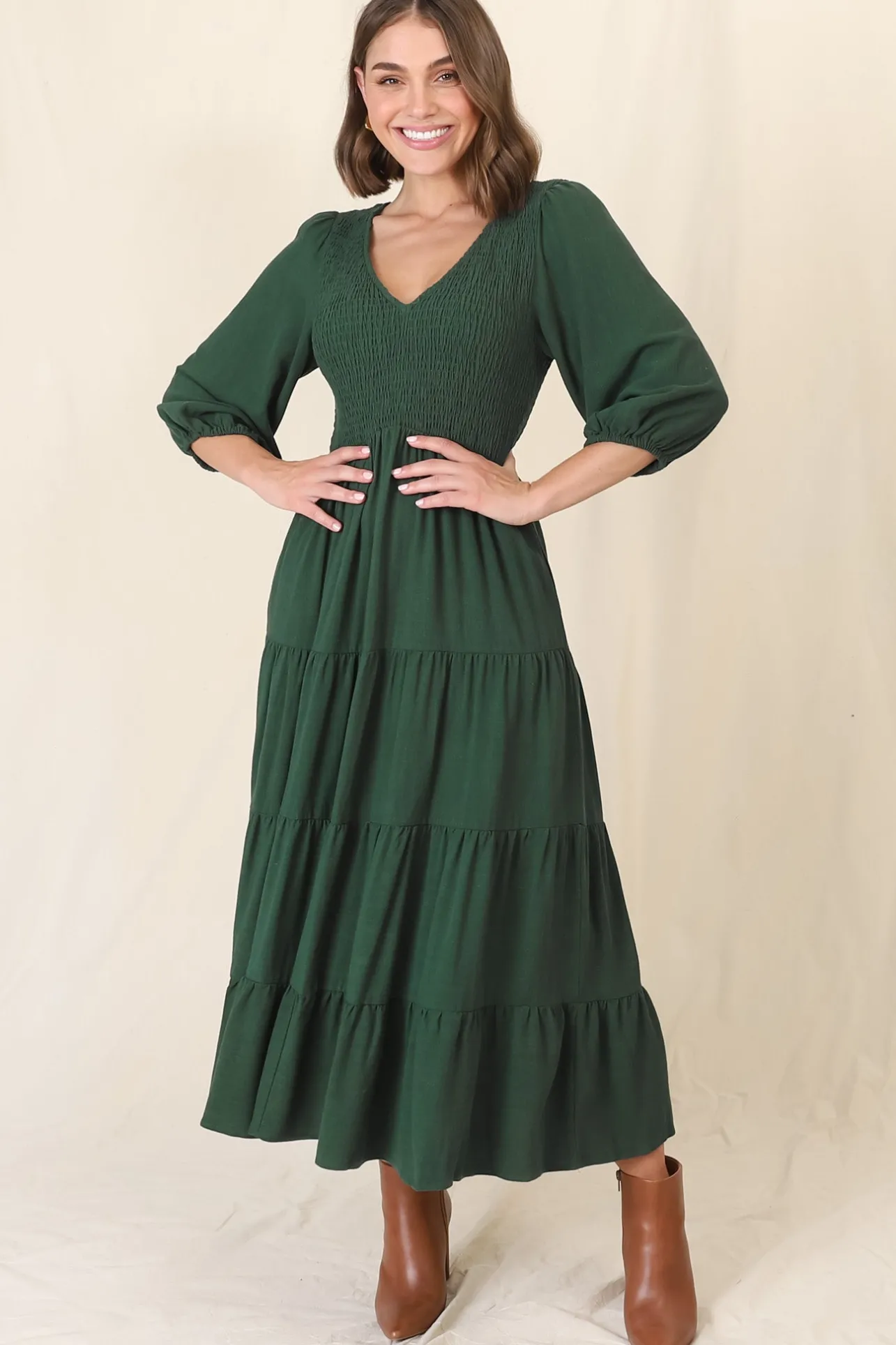 Lellah Midi Dress - Shirred Bodice Soft V Neck Tiered Dress in Green>Salty Crush New