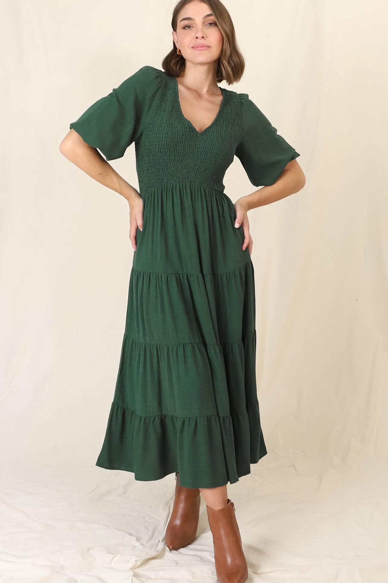 Lellah Midi Dress - Shirred Bodice Soft V Neck Tiered Dress in Green>Salty Crush New