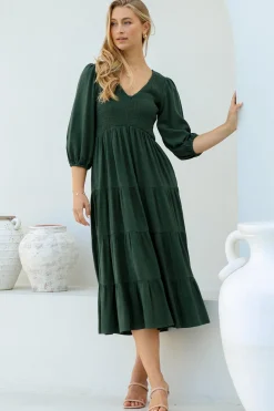 Lellah Midi Dress - Shirred Bodice Soft V Neck Tiered Dress in Green><noscript><img width=
