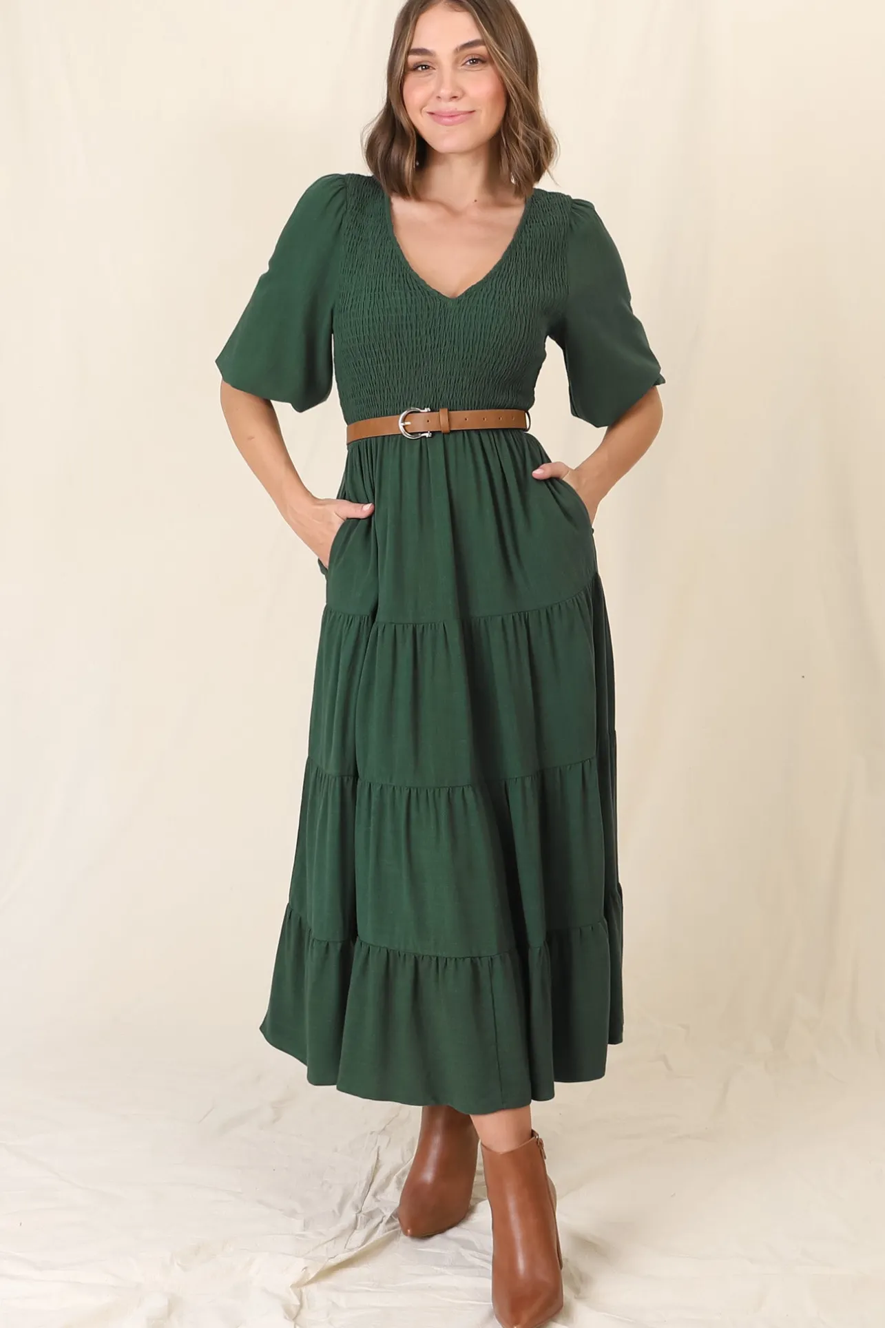 Lellah Midi Dress - Shirred Bodice Soft V Neck Tiered Dress in Green>Salty Crush New