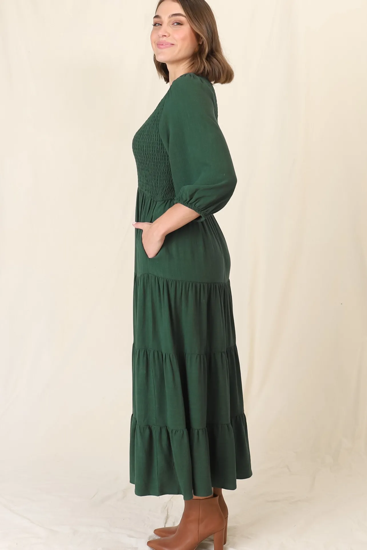 Lellah Midi Dress - Shirred Bodice Soft V Neck Tiered Dress in Green>Salty Crush New