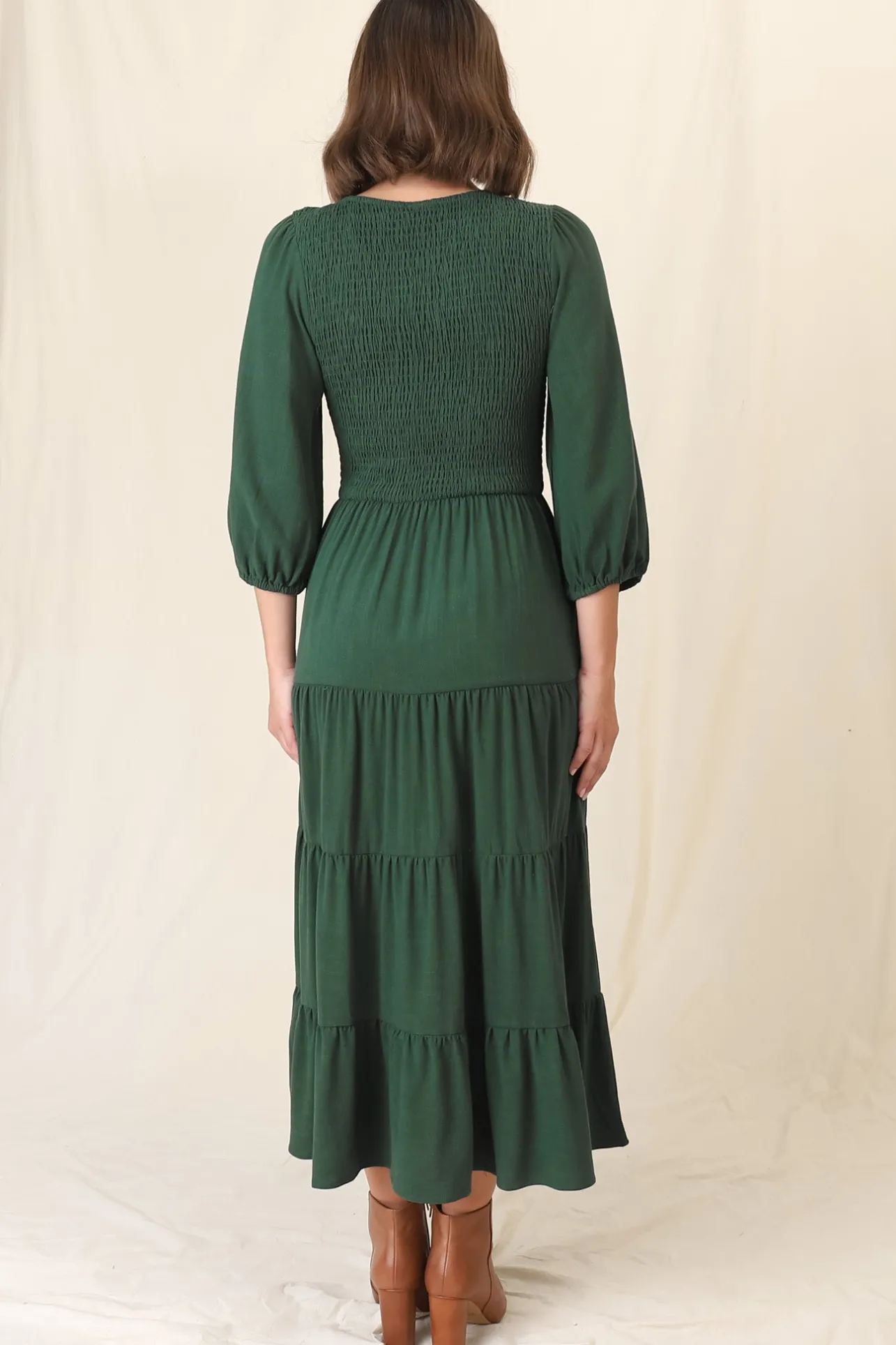 Lellah Midi Dress - Shirred Bodice Soft V Neck Tiered Dress in Green>Salty Crush New