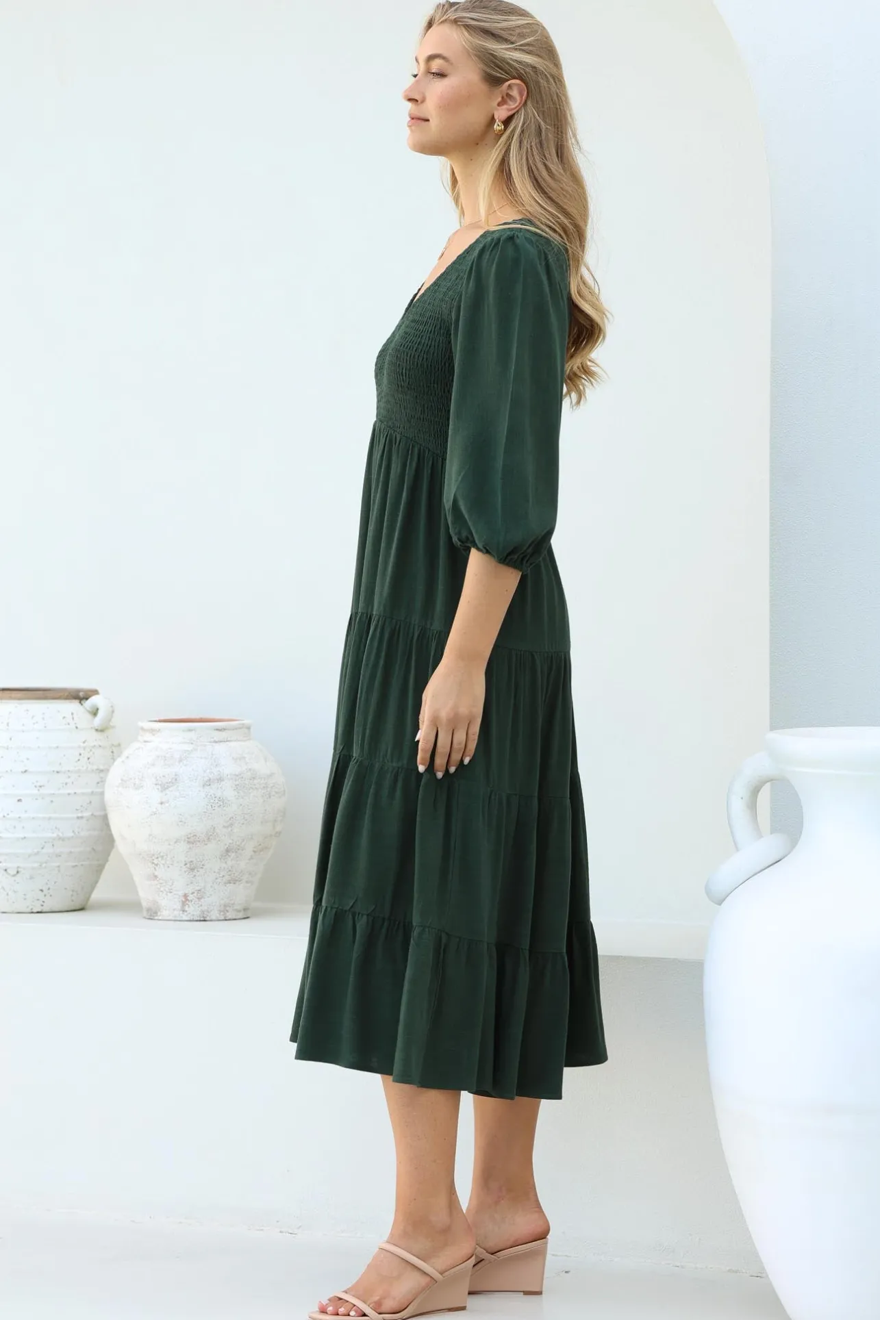 Lellah Midi Dress - Shirred Bodice Soft V Neck Tiered Dress in Green>Salty Crush New