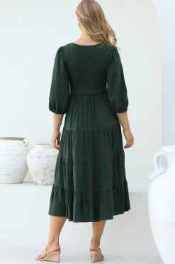 Lellah Midi Dress - Shirred Bodice Soft V Neck Tiered Dress in Green><noscript><img width=