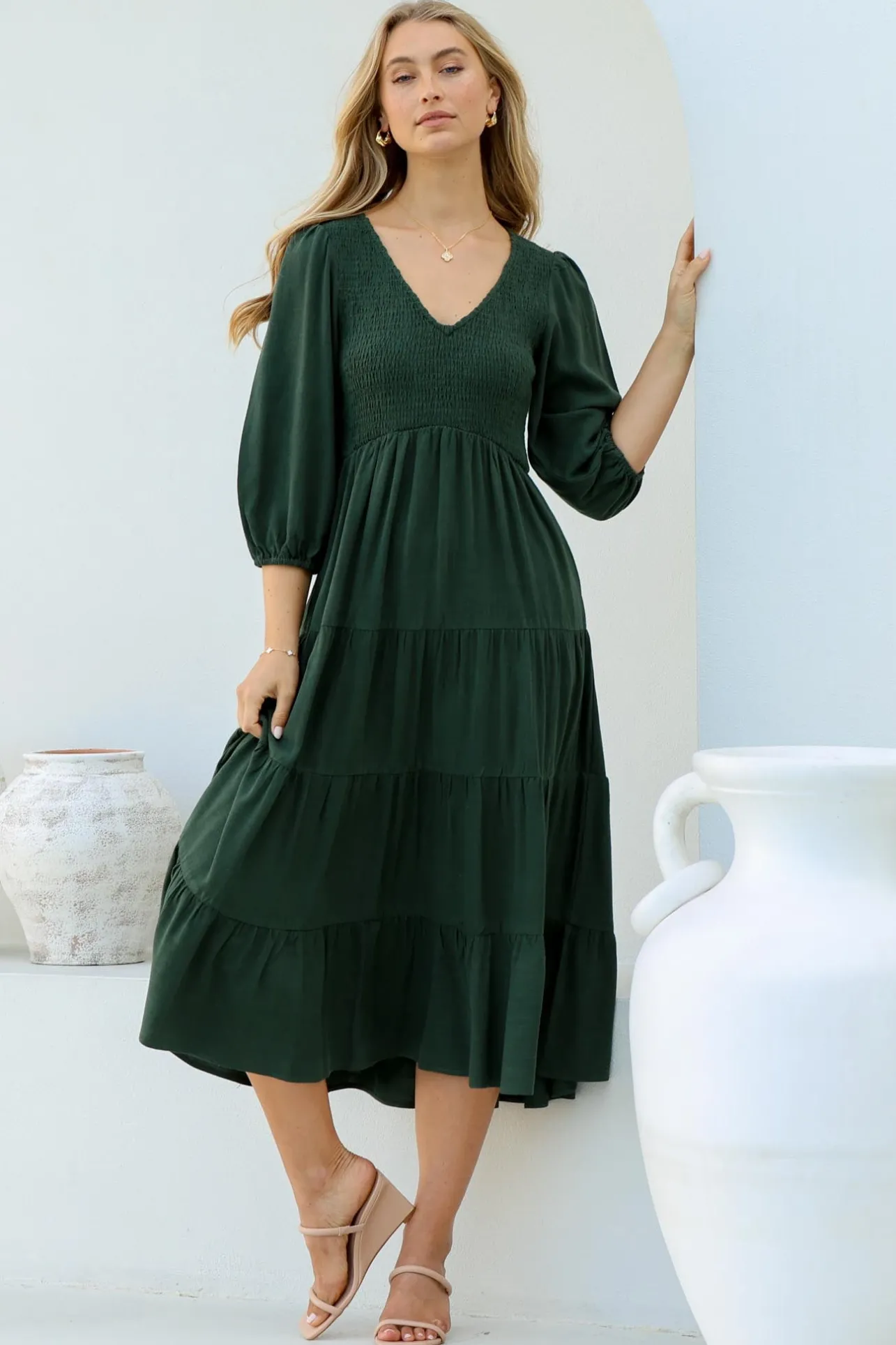 Lellah Midi Dress - Shirred Bodice Soft V Neck Tiered Dress in Green>Salty Crush New