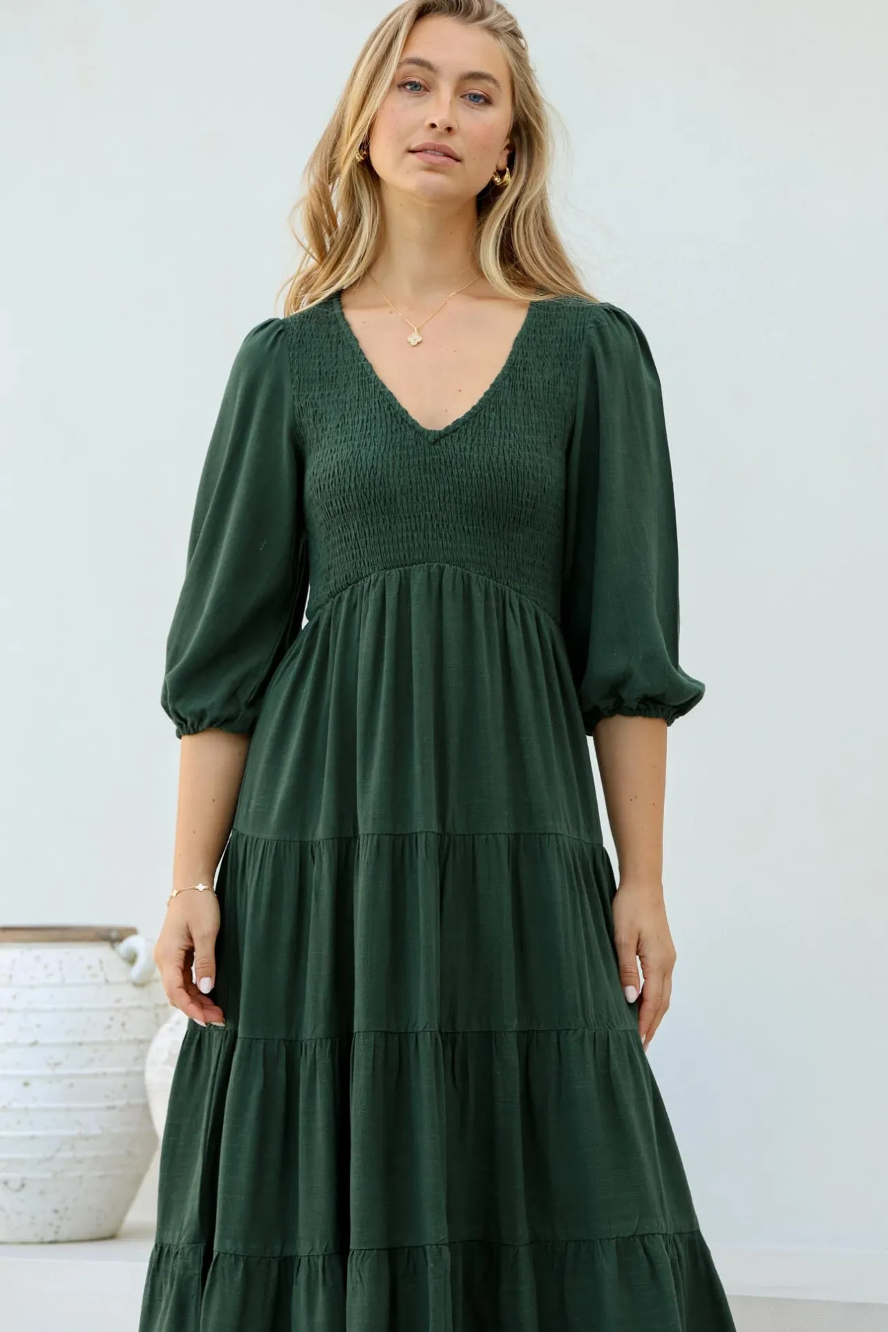 Lellah Midi Dress - Shirred Bodice Soft V Neck Tiered Dress in Green>Salty Crush New
