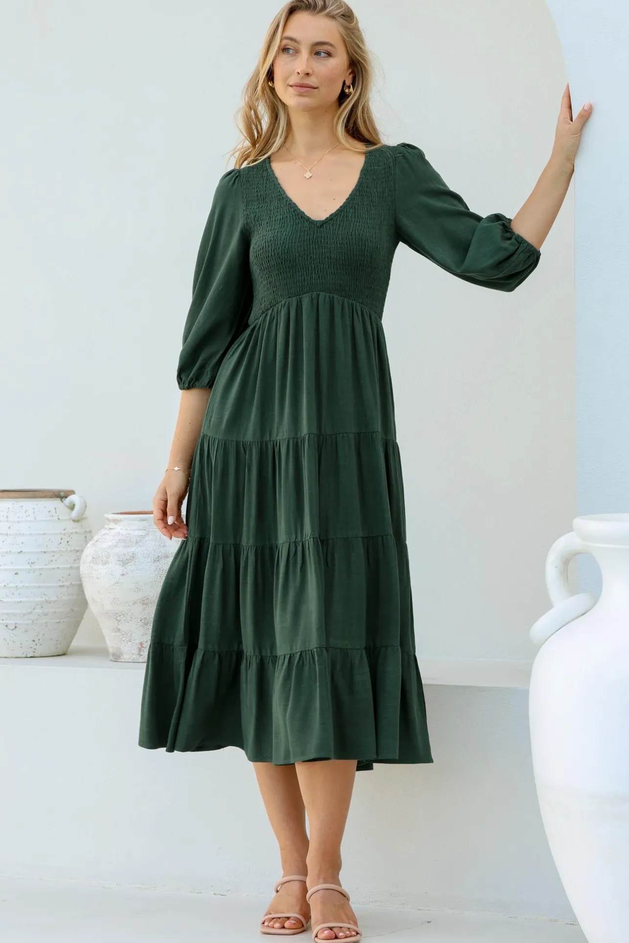 Lellah Midi Dress - Shirred Bodice Soft V Neck Tiered Dress in Green>Salty Crush New