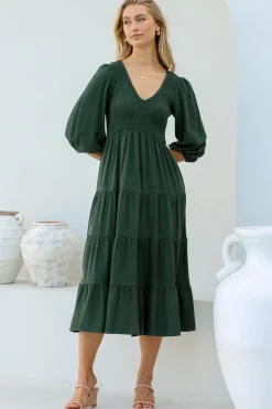 Lellah Midi Dress - Shirred Bodice Soft V Neck Tiered Dress in Green><noscript><img width=